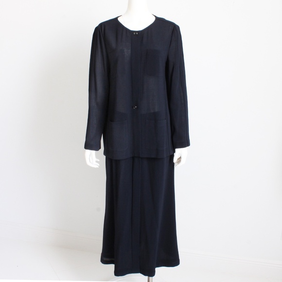 Chanel Jacket + Skirt Suit 2pc Sheer Wool Crepe Button Front Navy Blue 99P HTF - Picture 5 of 10